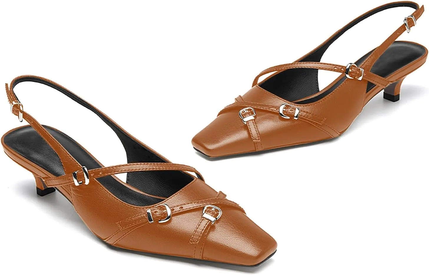 LEMUTISME Women's Stylish Matte Leather Square Toe Buckled Dressy Low Kitten Heel Chic Strappy Slingback Pumps Shoes