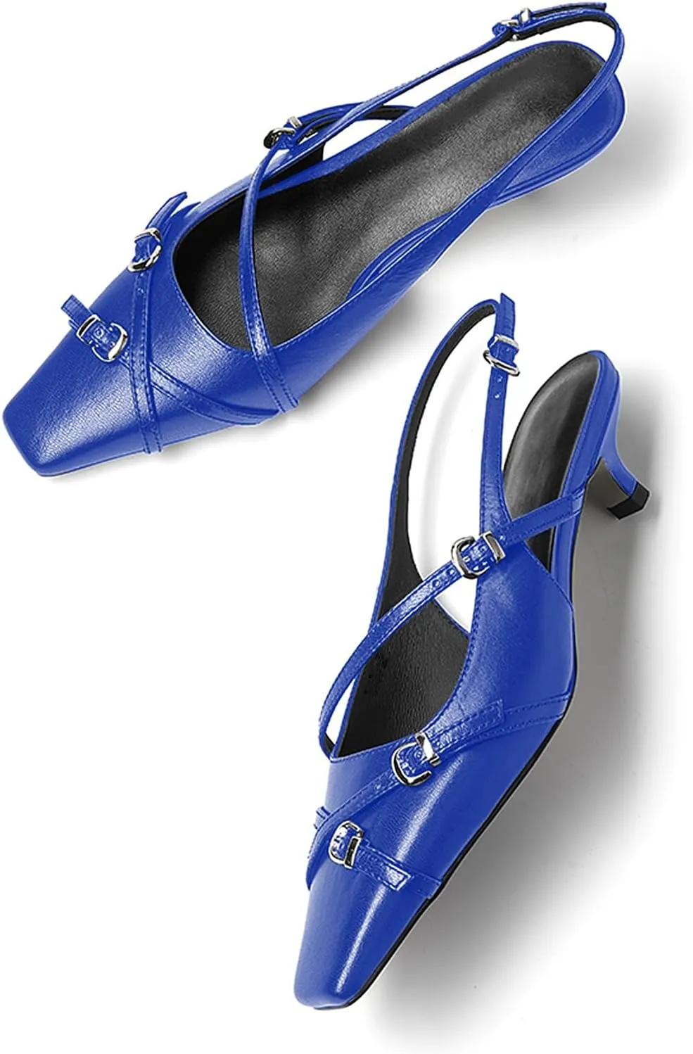 LEMUTISME Women's Stylish Matte Leather Square Toe Buckled Dressy Low Kitten Heel Chic Strappy Slingback Pumps Shoes