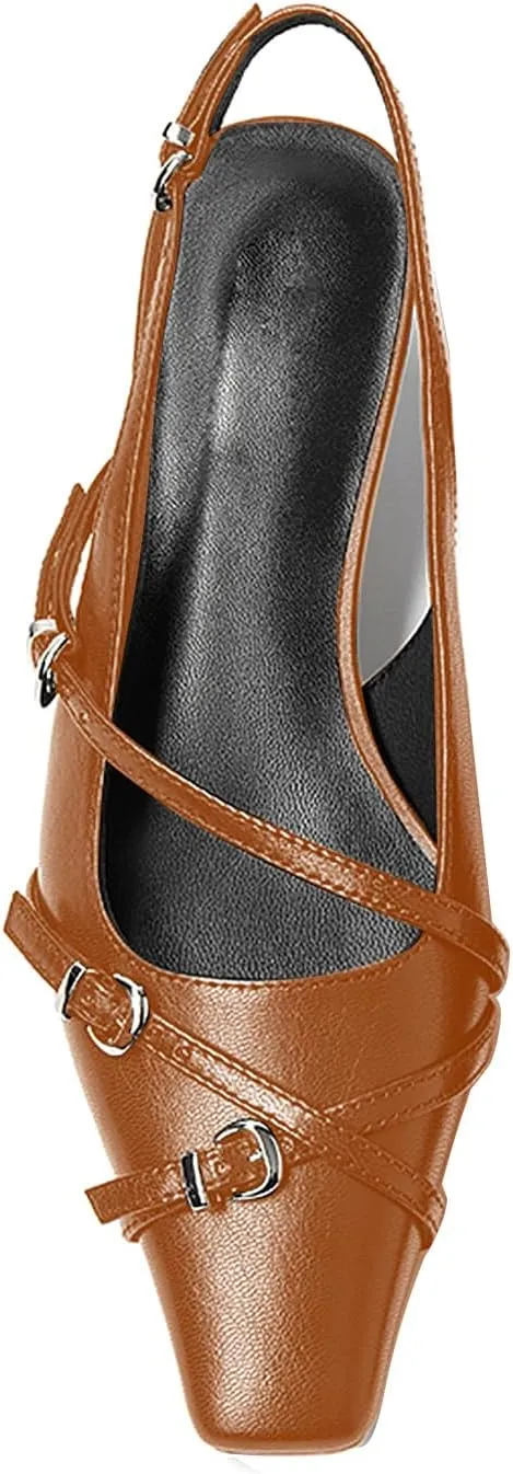 LEMUTISME Women's Stylish Matte Leather Square Toe Buckled Dressy Low Kitten Heel Chic Strappy Slingback Pumps Shoes