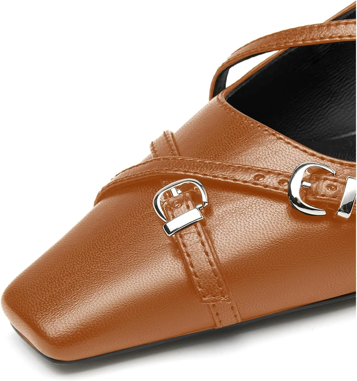 LEMUTISME Women's Stylish Matte Leather Square Toe Buckled Dressy Low Kitten Heel Chic Strappy Slingback Pumps Shoes