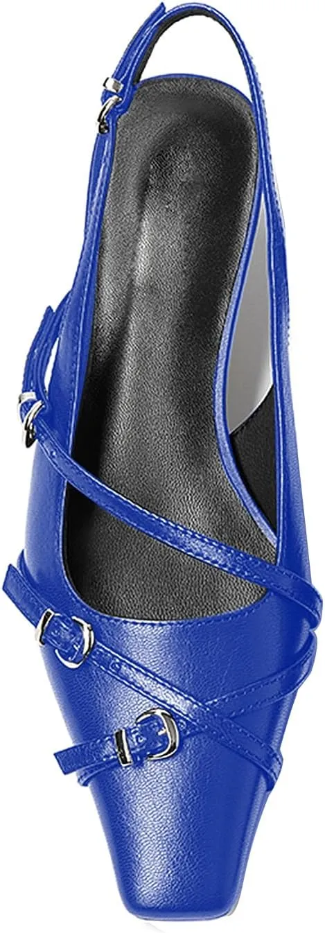 LEMUTISME Women's Stylish Matte Leather Square Toe Buckled Dressy Low Kitten Heel Chic Strappy Slingback Pumps Shoes