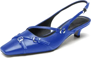 LEMUTISME Women's Stylish Matte Leather Square Toe Buckled Dressy Low Kitten Heel Chic Strappy Slingback Pumps Shoes