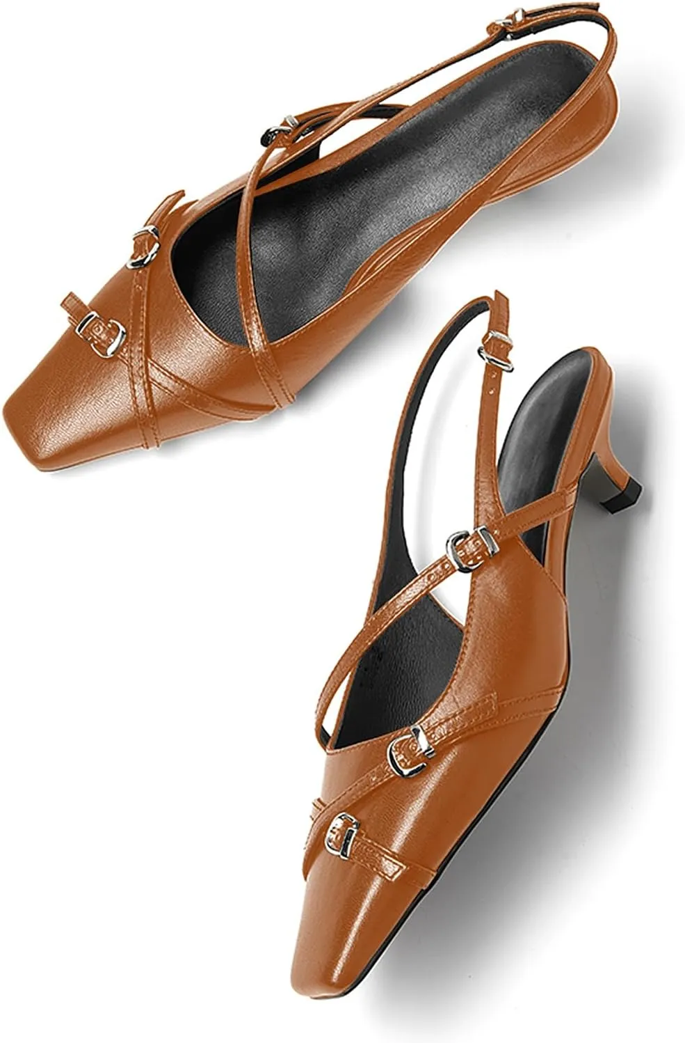 LEMUTISME Women's Stylish Matte Leather Square Toe Buckled Dressy Low Kitten Heel Chic Strappy Slingback Pumps Shoes