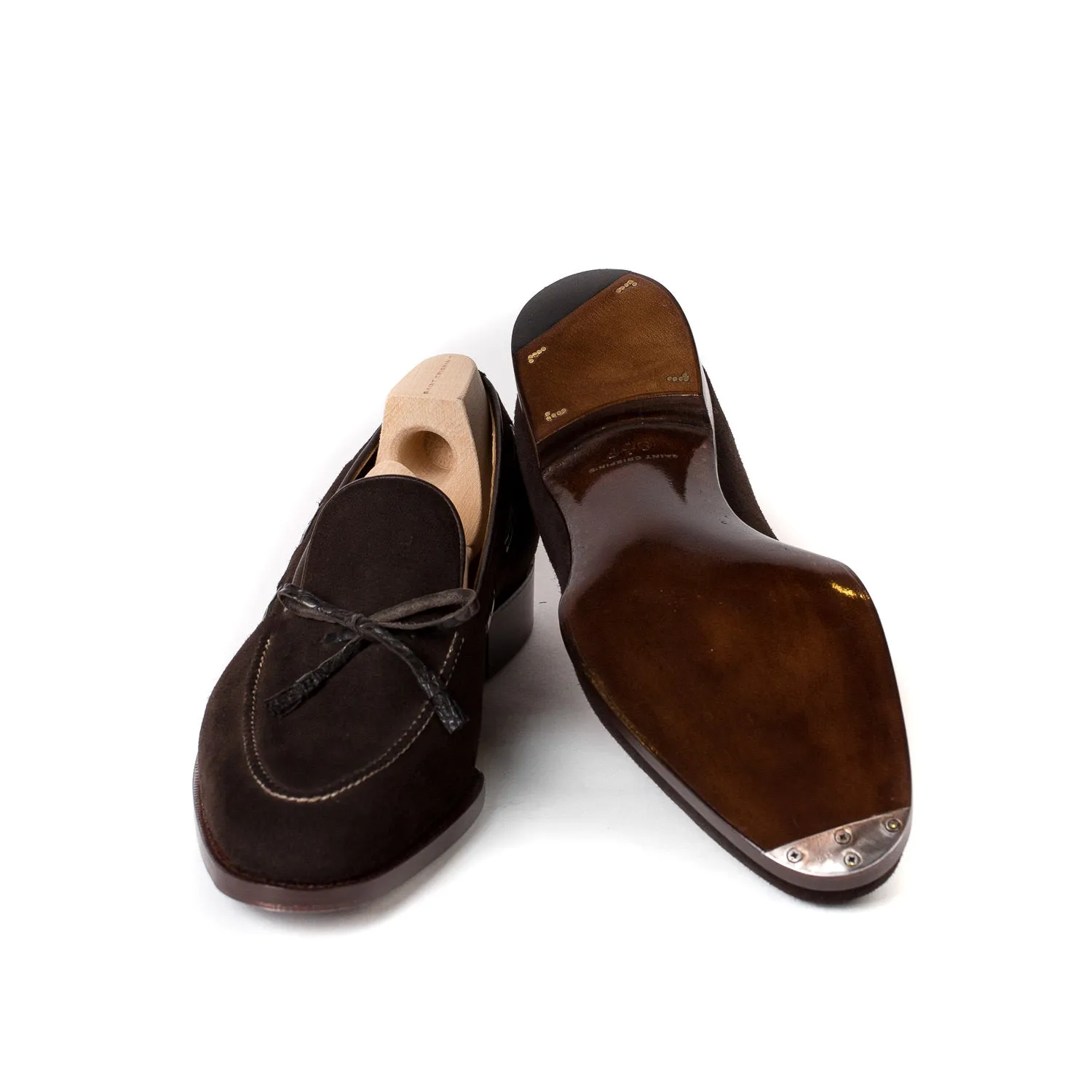 Loop-Loafer "Croc-Tassel" aus braunem Rauhleder - reine Handarbeit
