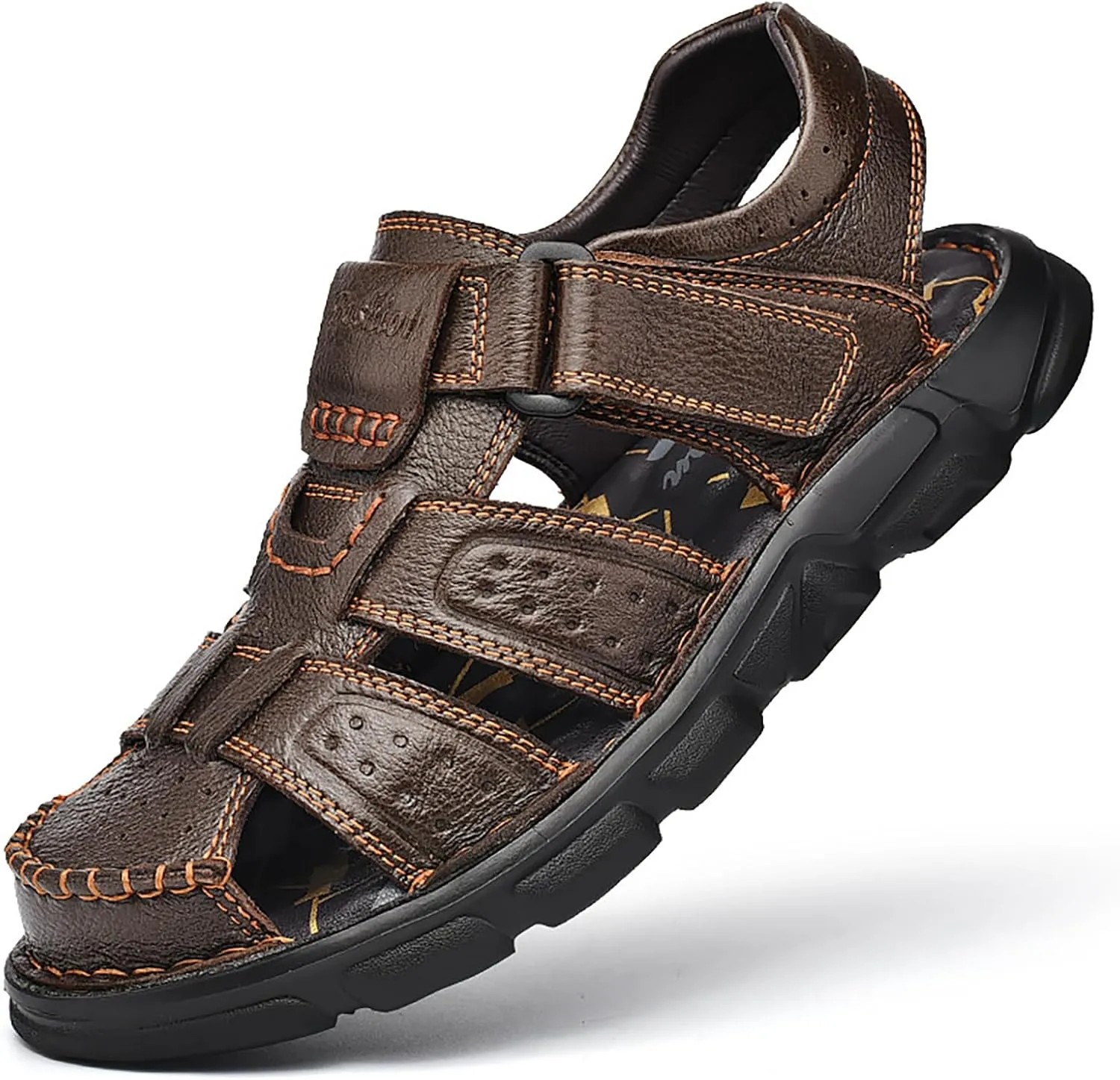 Men's Genuine Leather Round Closed Toe Fisherman Sandals Adjustable Hook Loop Casual Outdoor Hiking Sandals Comfort Non-Slip Beach Sport Athletic Walking Traveling Shoes