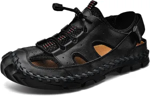 Men's Leather Hand Stitched Fisherman Sandals with Back Hook Loop Casual Breathable Cutout Closed Toe Anti-Slip Flat Water Shoes Summer Outdoor Beach Walking Shoes