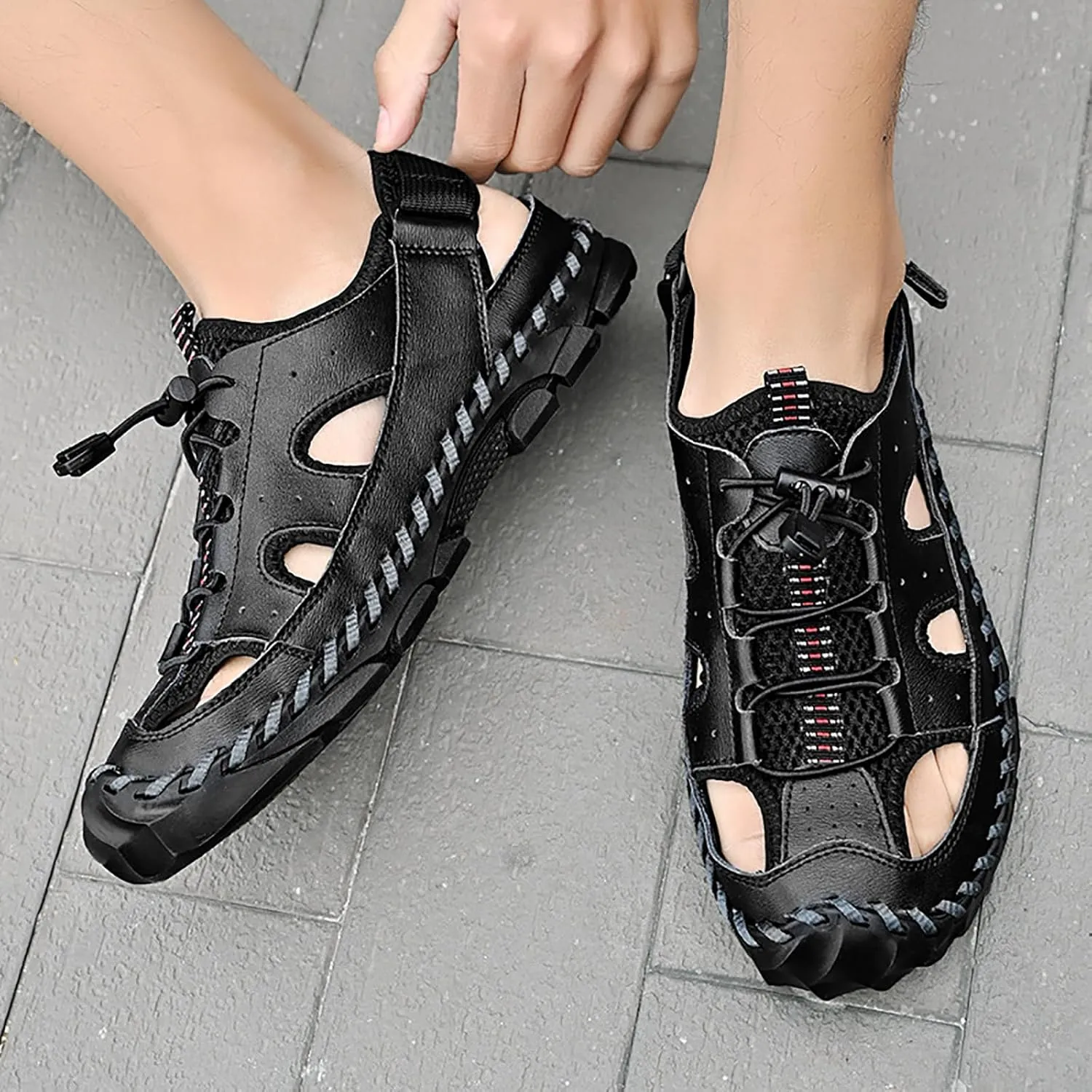 Men's Leather Hand Stitched Fisherman Sandals with Back Hook Loop Casual Breathable Cutout Closed Toe Anti-Slip Flat Water Shoes Summer Outdoor Beach Walking Shoes