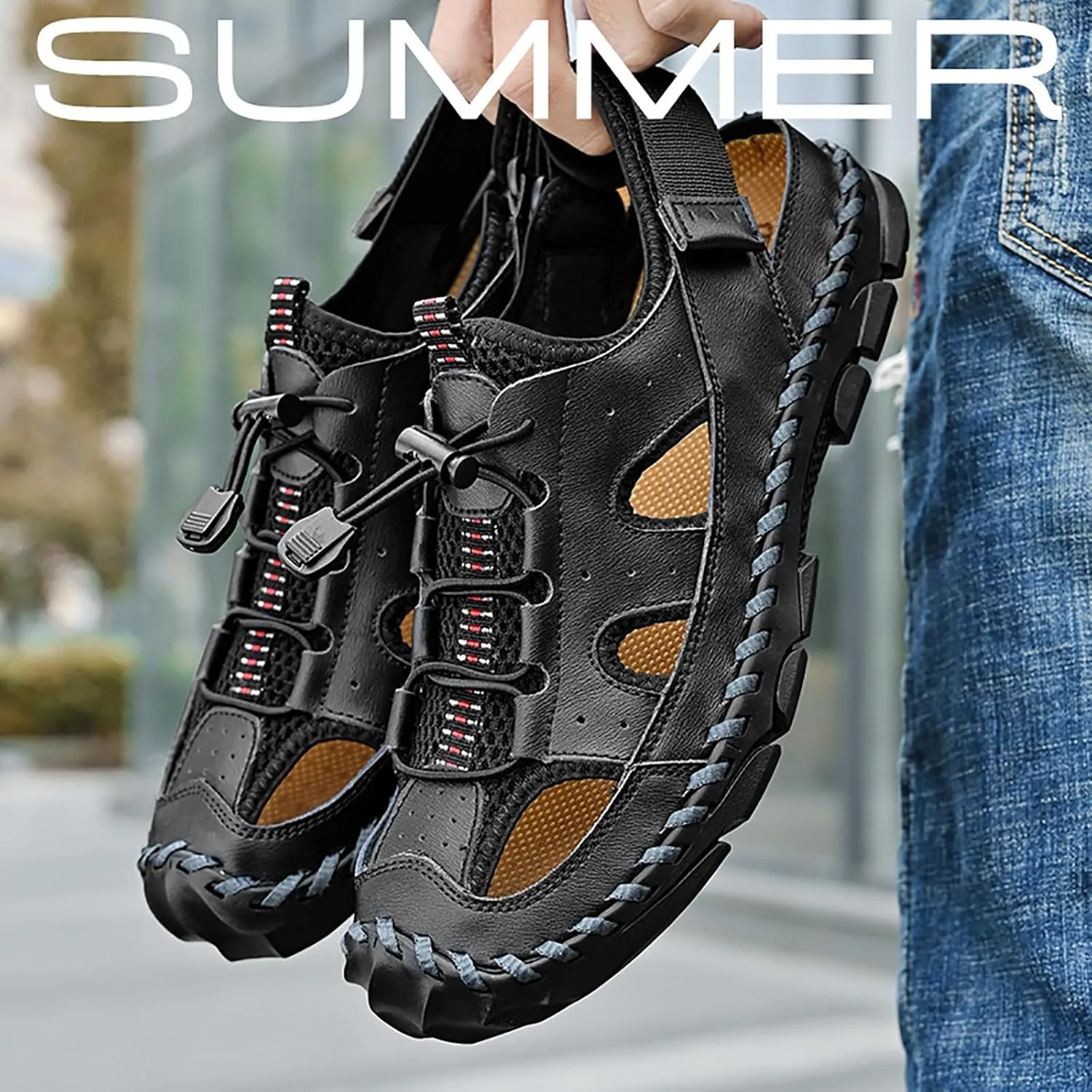 Men's Leather Hand Stitched Fisherman Sandals with Back Hook Loop Casual Breathable Cutout Closed Toe Anti-Slip Flat Water Shoes Summer Outdoor Beach Walking Shoes