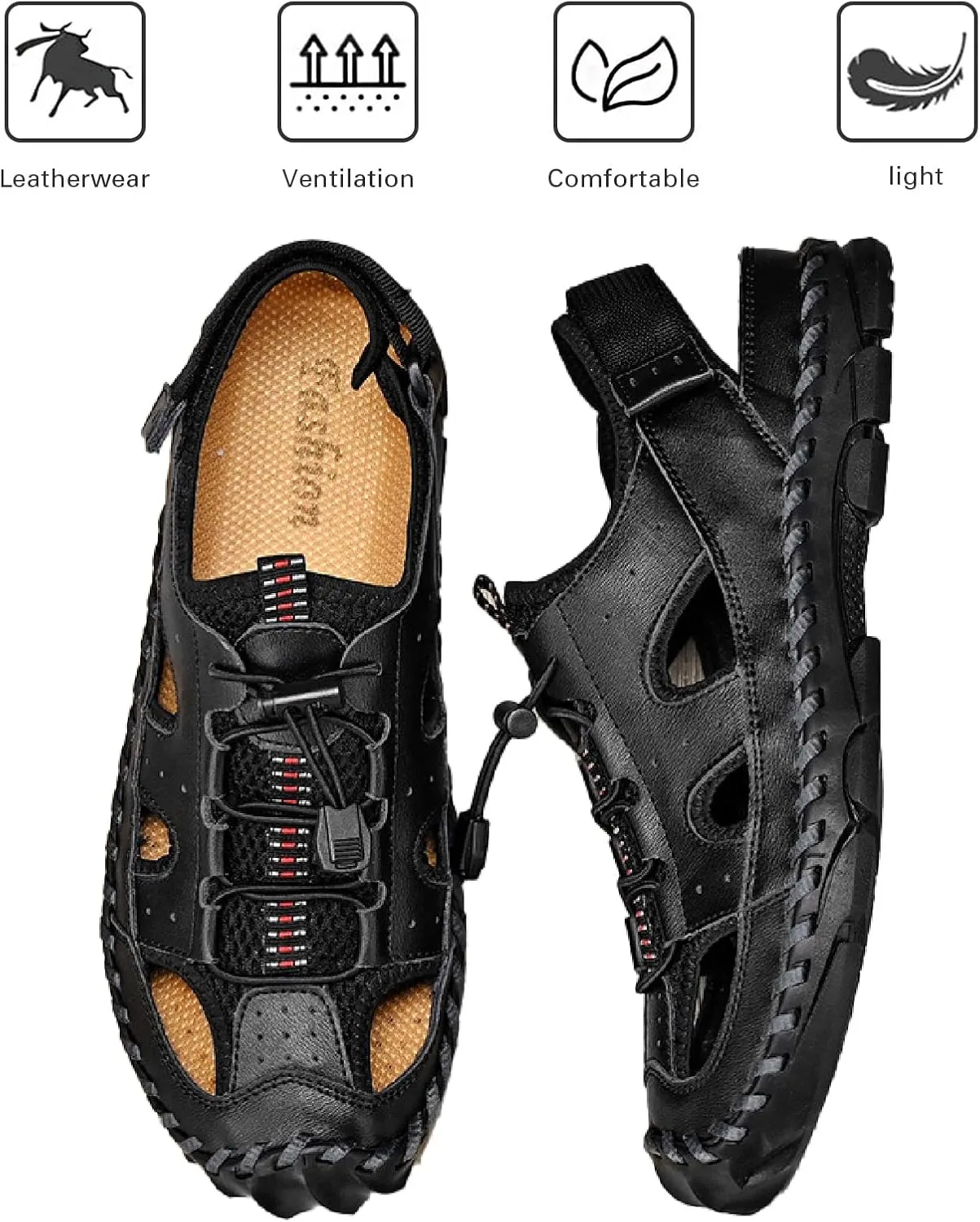 Men's Leather Hand Stitched Fisherman Sandals with Back Hook Loop Casual Breathable Cutout Closed Toe Anti-Slip Flat Water Shoes Summer Outdoor Beach Walking Shoes