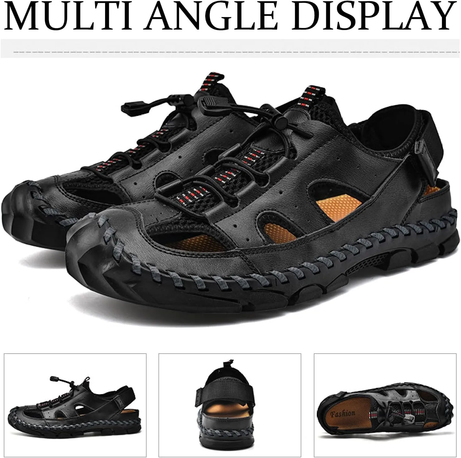 Men's Leather Hand Stitched Fisherman Sandals with Back Hook Loop Casual Breathable Cutout Closed Toe Anti-Slip Flat Water Shoes Summer Outdoor Beach Walking Shoes