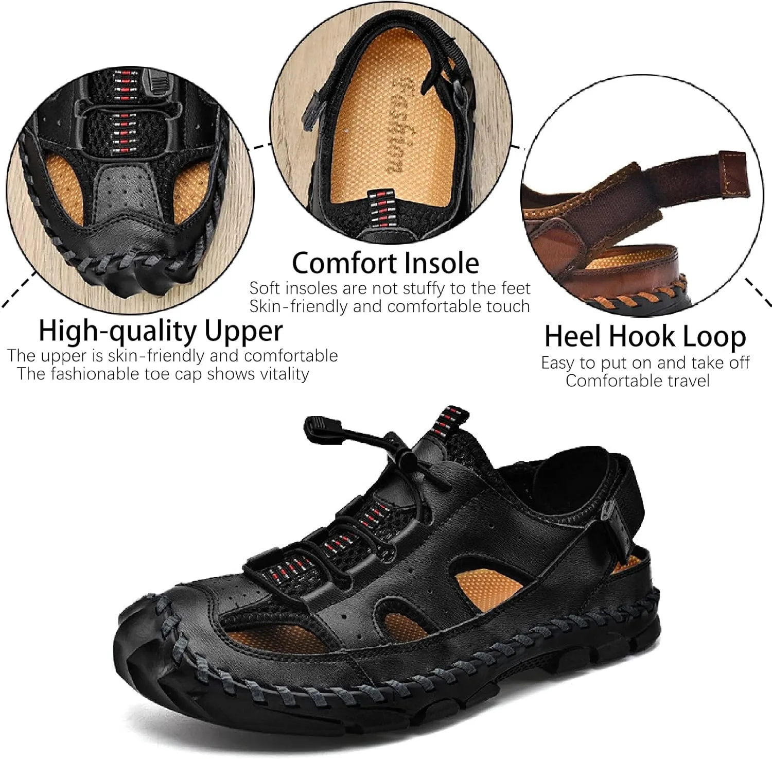 Men's Leather Hand Stitched Fisherman Sandals with Back Hook Loop Casual Breathable Cutout Closed Toe Anti-Slip Flat Water Shoes Summer Outdoor Beach Walking Shoes