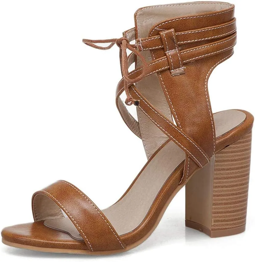 MIOKE Women's Stacked Block High Heel Sandals Open Toe Lace Up Cutout Dress Pumps Chunky Heeled Sandal