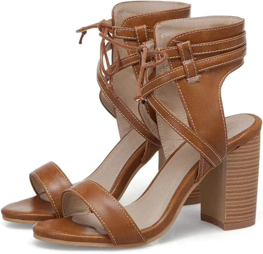 MIOKE Women's Stacked Block High Heel Sandals Open Toe Lace Up Cutout Dress Pumps Chunky Heeled Sandal