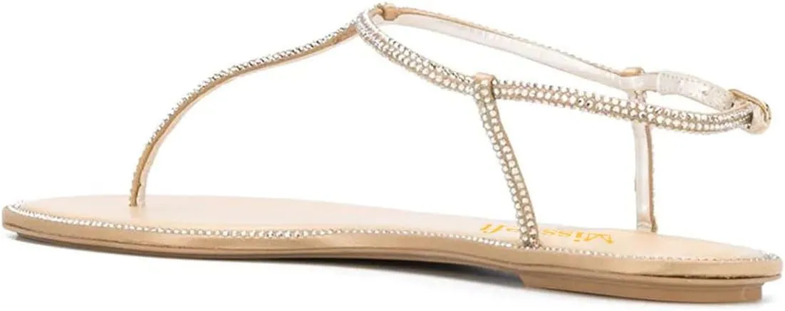 miss left Women Rhinestone T-Strap Thong Sandals Open Clip Toe Flip Flops Glitter Buckle Up Flats Summer Beach Holiday Dressy Shoes Size 4-16 US