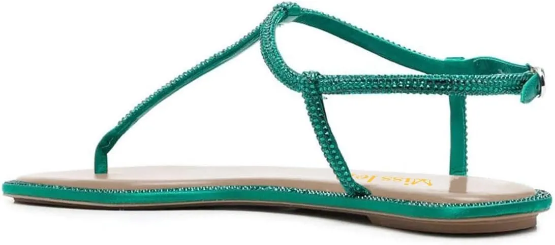 miss left Women Rhinestone T-Strap Thong Sandals Open Clip Toe Flip Flops Glitter Buckle Up Flats Summer Beach Holiday Dressy Shoes Size 4-16 US