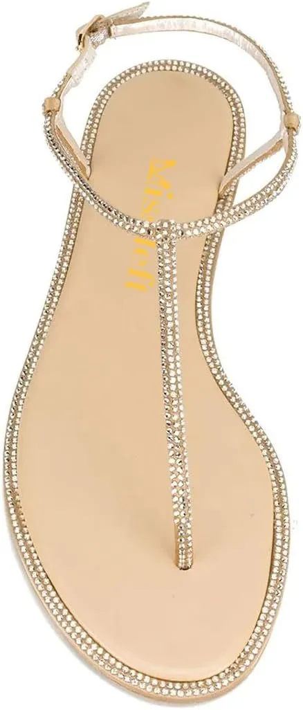 miss left Women Rhinestone T-Strap Thong Sandals Open Clip Toe Flip Flops Glitter Buckle Up Flats Summer Beach Holiday Dressy Shoes Size 4-16 US