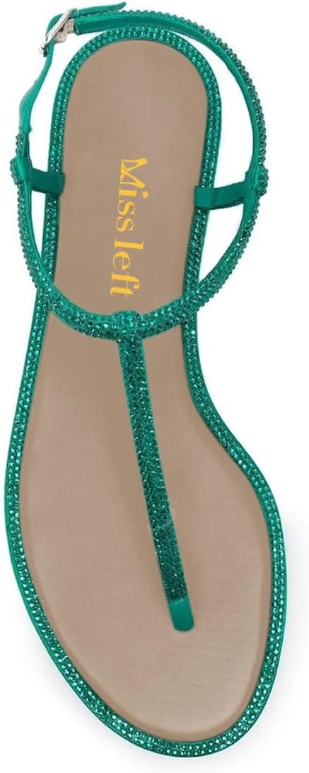 miss left Women Rhinestone T-Strap Thong Sandals Open Clip Toe Flip Flops Glitter Buckle Up Flats Summer Beach Holiday Dressy Shoes Size 4-16 US
