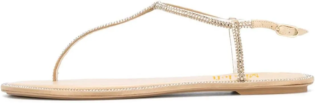 miss left Women Rhinestone T-Strap Thong Sandals Open Clip Toe Flip Flops Glitter Buckle Up Flats Summer Beach Holiday Dressy Shoes Size 4-16 US