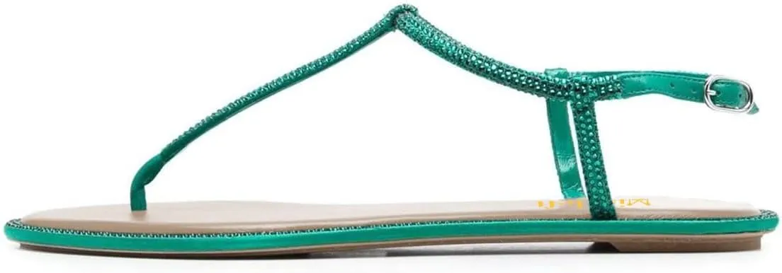 miss left Women Rhinestone T-Strap Thong Sandals Open Clip Toe Flip Flops Glitter Buckle Up Flats Summer Beach Holiday Dressy Shoes Size 4-16 US