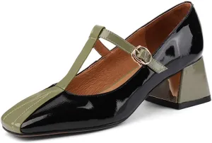 miss left Women's Fashion Pumps T-Bar Chunky Low Heels Two Tone Square Toe Mary Jane Cute Dressy Shoes Size 4-16 US