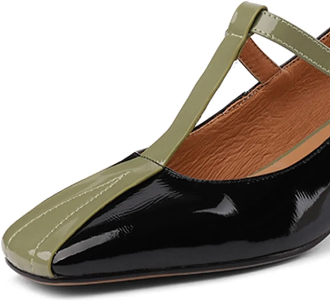 miss left Women's Fashion Pumps T-Bar Chunky Low Heels Two Tone Square Toe Mary Jane Cute Dressy Shoes Size 4-16 US
