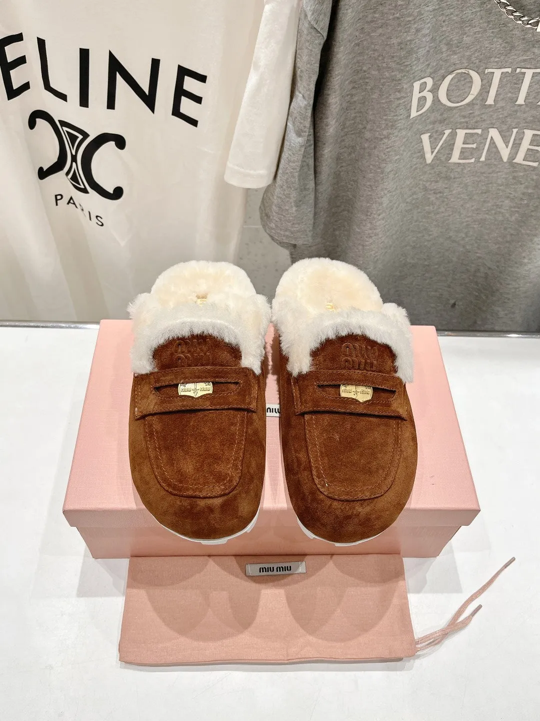 Miu Mule Wool Lining Caramel Brown Suede