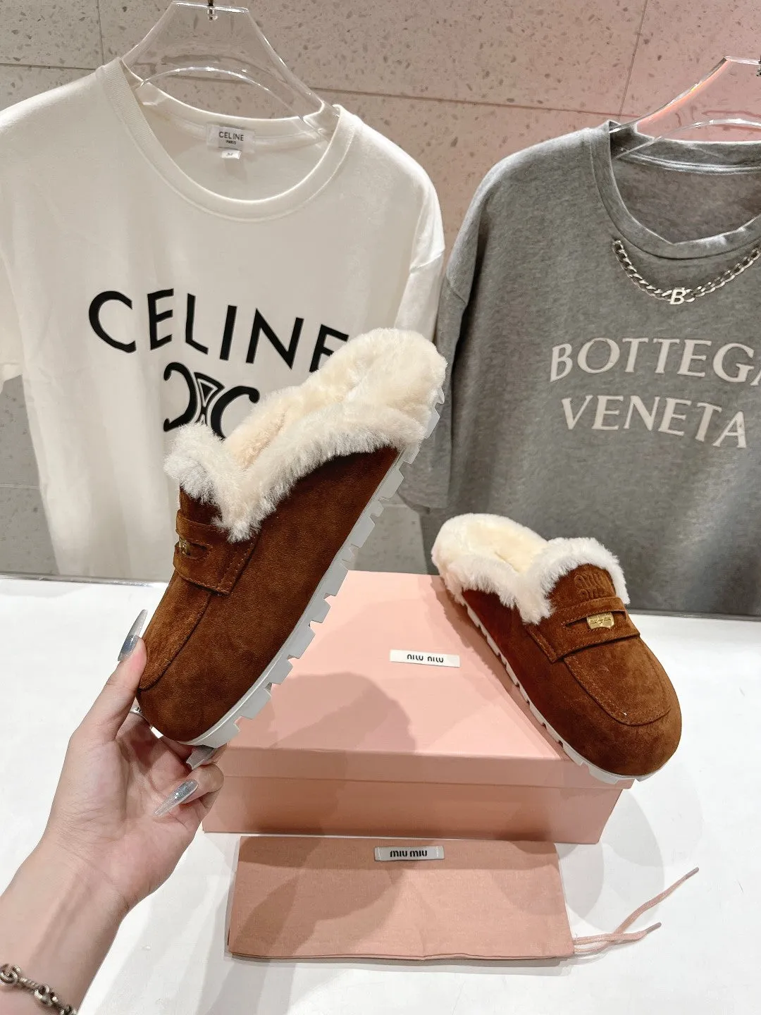Miu Mule Wool Lining Caramel Brown Suede