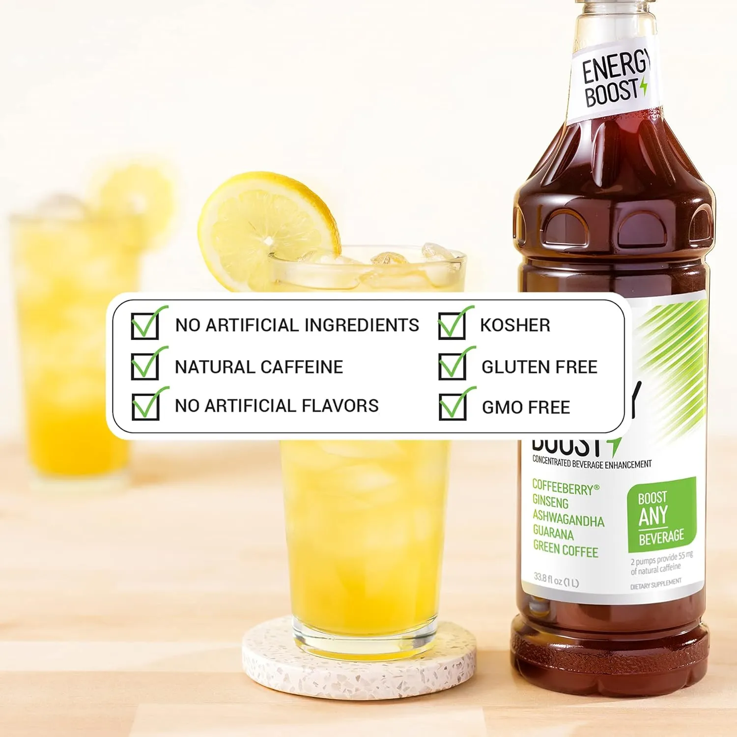 Monin - Energy Boost, Liquid Energy Supplement, Subtle Tea Flavor, Zero Added Sugar, Great for Coffee, Soda, & More, Low-Calorie, Contains Natural Caffeine, Gluten-Free, Clean Label (1 Liter   Pump)