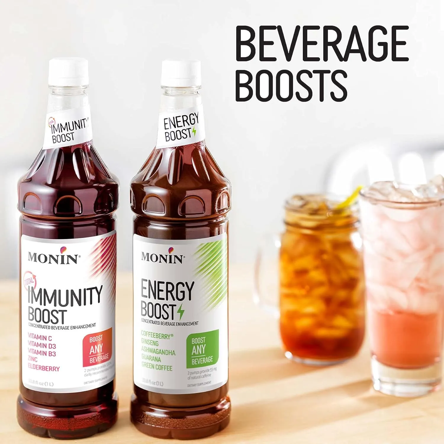 Monin - Energy Boost, Liquid Energy Supplement, Subtle Tea Flavor, Zero Added Sugar, Great for Coffee, Soda, & More, Low-Calorie, Contains Natural Caffeine, Gluten-Free, Clean Label (1 Liter   Pump)