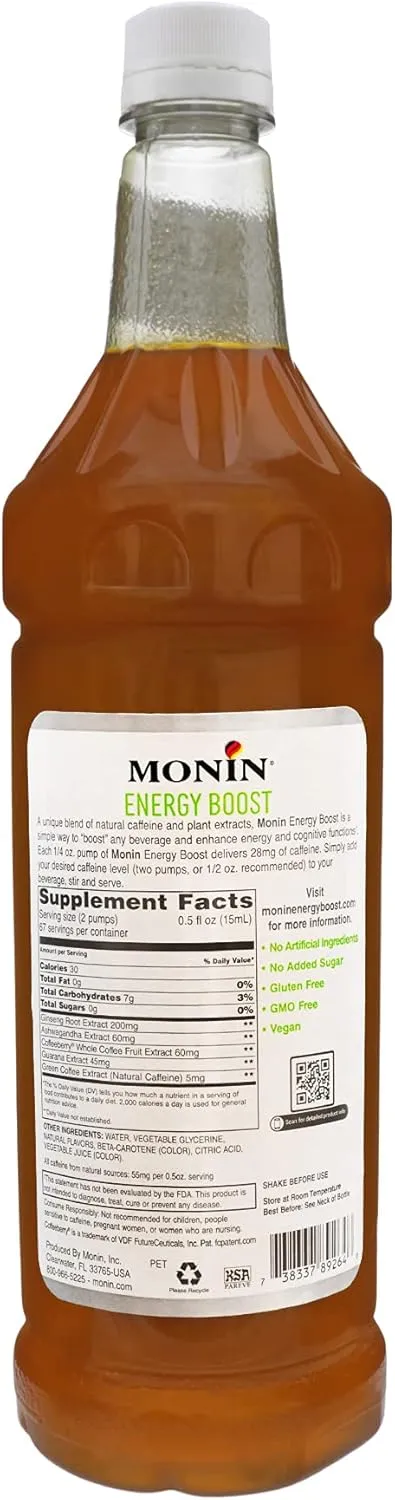 Monin - Energy Boost, Liquid Energy Supplement, Subtle Tea Flavor, Zero Added Sugar, Great for Coffee, Soda, & More, Low-Calorie, Contains Natural Caffeine, Gluten-Free, Clean Label (1 Liter   Pump)