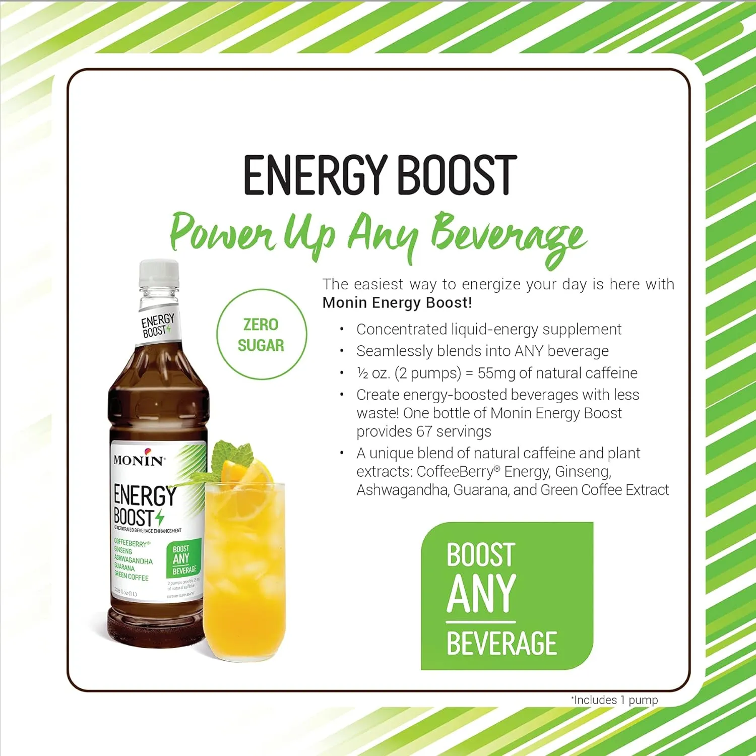Monin - Energy Boost, Liquid Energy Supplement, Subtle Tea Flavor, Zero Added Sugar, Great for Coffee, Soda, & More, Low-Calorie, Contains Natural Caffeine, Gluten-Free, Clean Label (1 Liter   Pump)