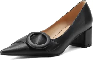 MUCCCUTE Chunky Heels for Women Closed Pointed Toe Pump 2'' Low Block Heels Fashion Round Buckle Dress Work Pumps