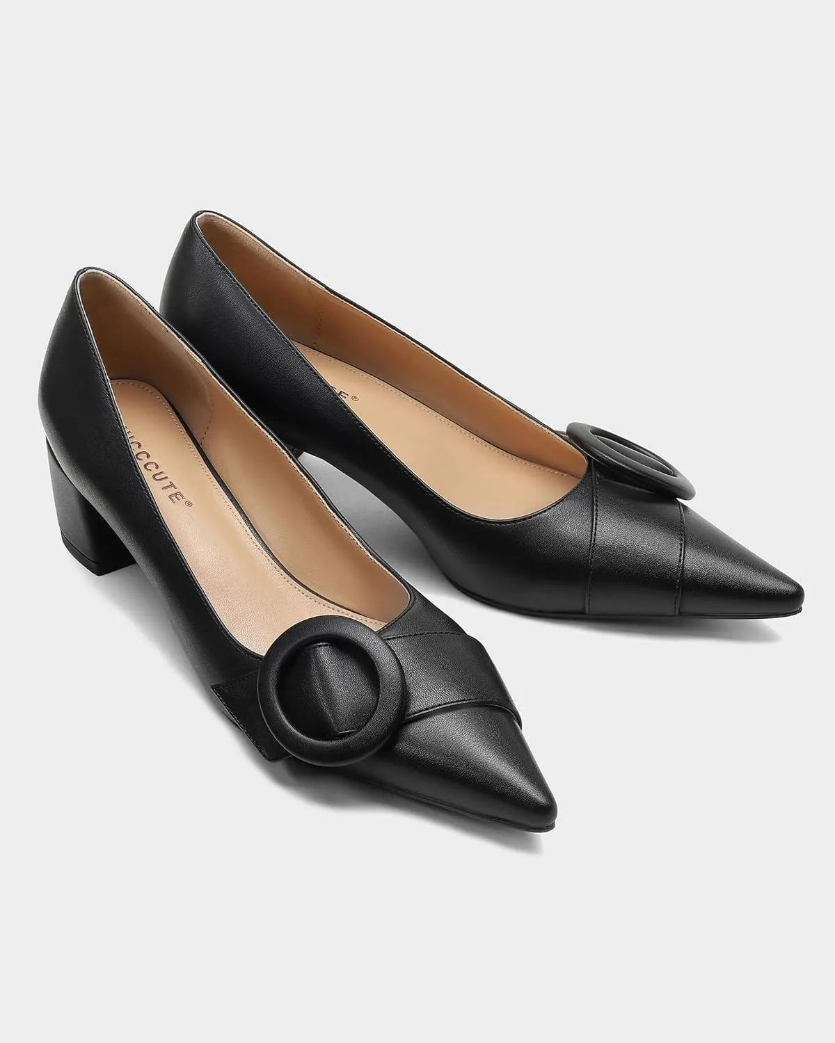 MUCCCUTE Chunky Heels for Women Closed Pointed Toe Pump 2'' Low Block Heels Fashion Round Buckle Dress Work Pumps