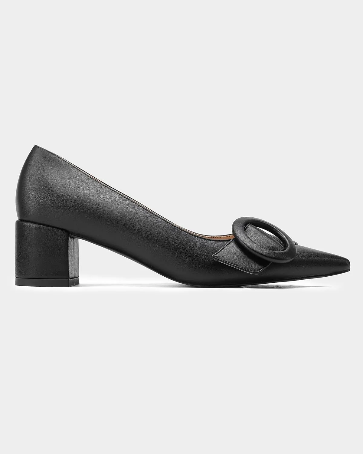 MUCCCUTE Chunky Heels for Women Closed Pointed Toe Pump 2'' Low Block Heels Fashion Round Buckle Dress Work Pumps