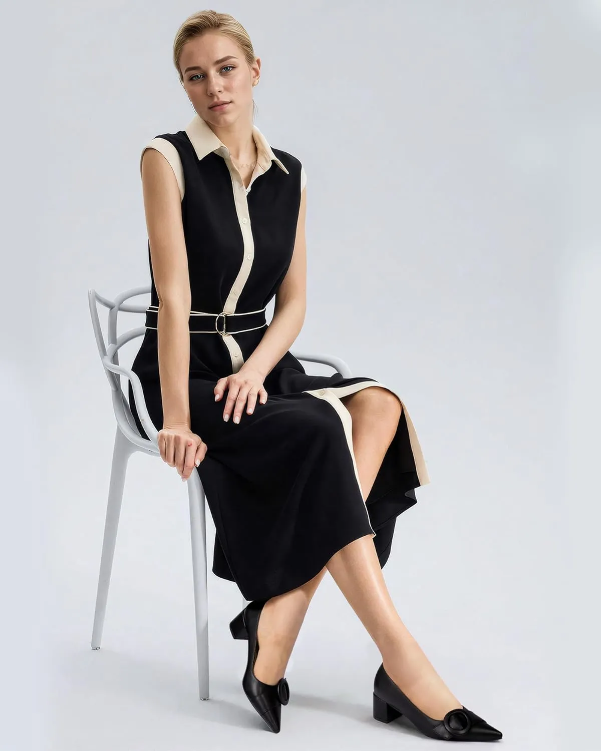 MUCCCUTE Chunky Heels for Women Closed Pointed Toe Pump 2'' Low Block Heels Fashion Round Buckle Dress Work Pumps