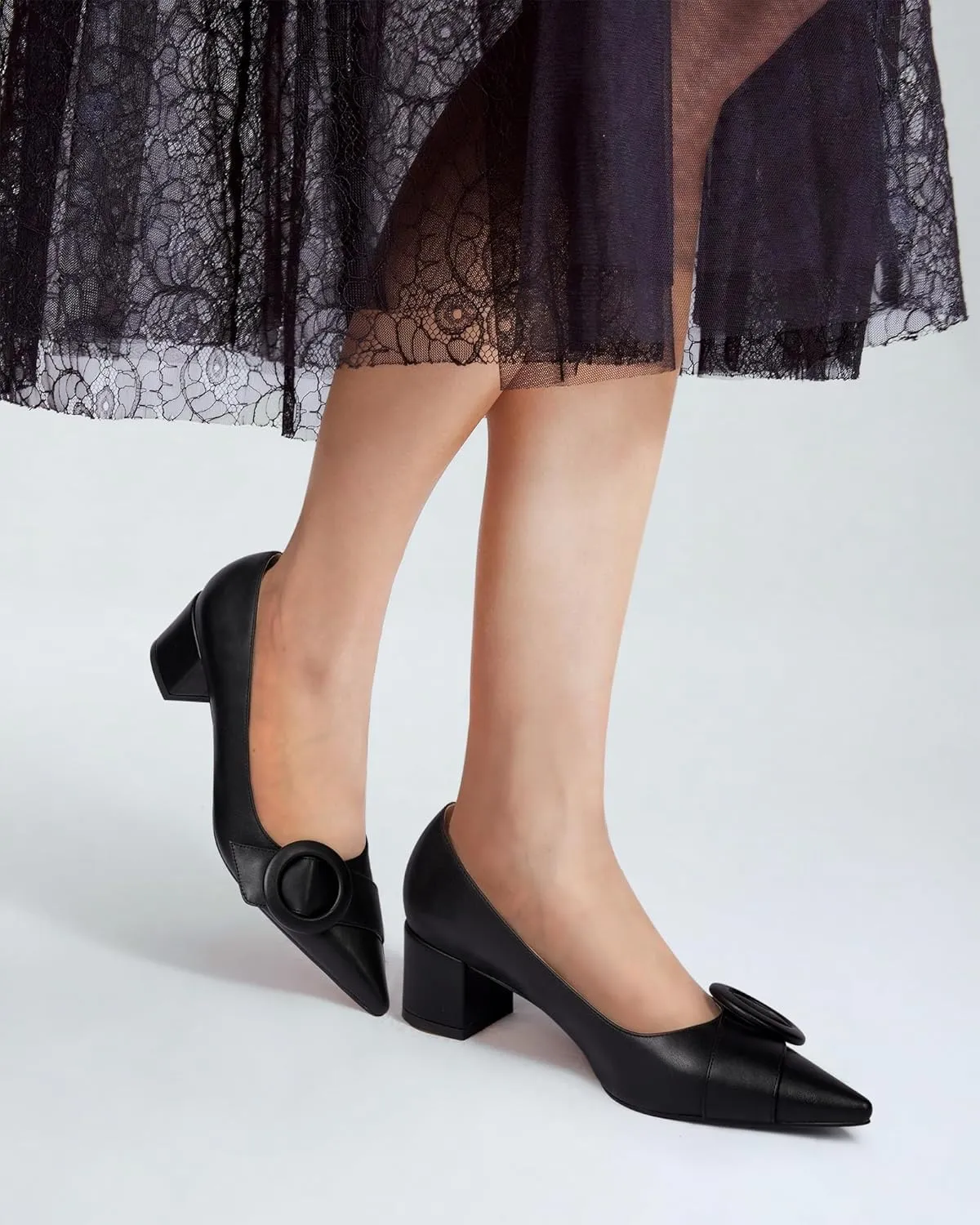MUCCCUTE Chunky Heels for Women Closed Pointed Toe Pump 2'' Low Block Heels Fashion Round Buckle Dress Work Pumps