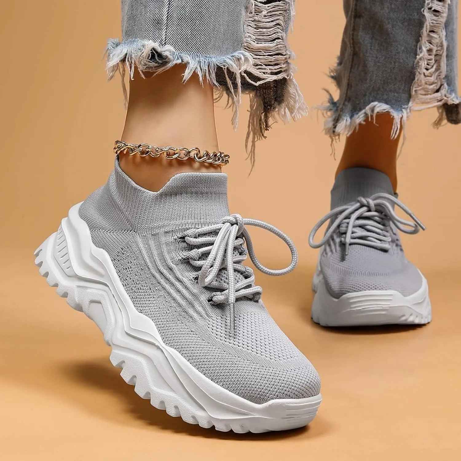 Orthopedic Sneakers for Women Lightweight Breathable Knit Slip-On Sneakers Platform Non-Slip Walking Shoes Mesh Woven Athletic Gym Running Shoes Trendy Comfort Loafers