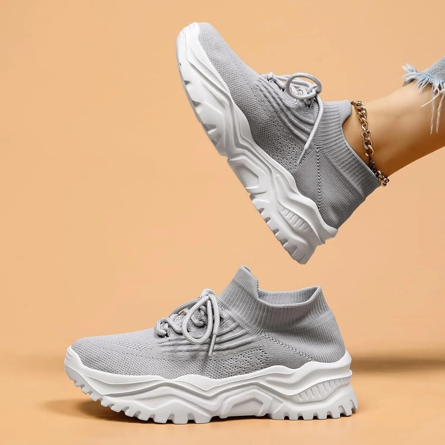 Orthopedic Sneakers for Women Lightweight Breathable Knit Slip-On Sneakers Platform Non-Slip Walking Shoes Mesh Woven Athletic Gym Running Shoes Trendy Comfort Loafers