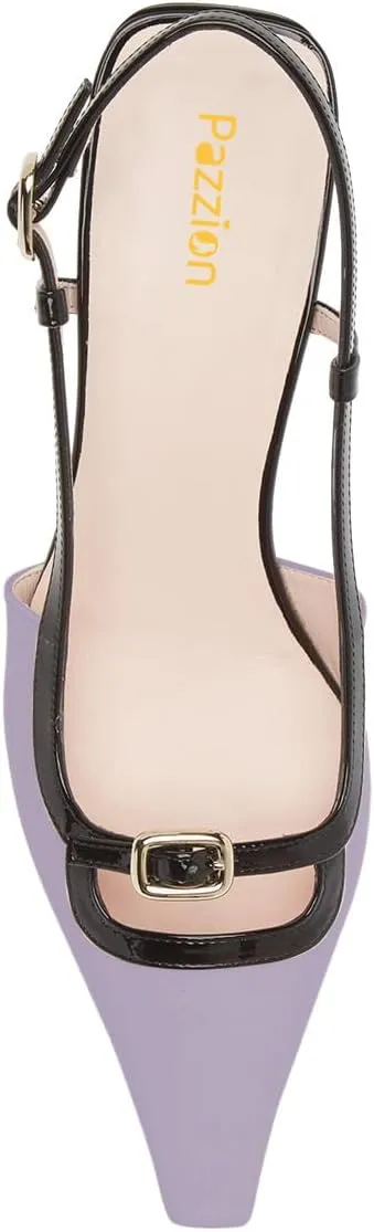 Pazzion Women's Square Toe Stiletto Heeled Slingback Pumps Mid Heel Backstrap Buckle Slip On Sandal Casual Outdoor Dress Shoes Size 4-16 US