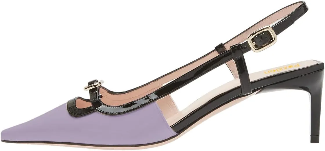 Pazzion Women's Square Toe Stiletto Heeled Slingback Pumps Mid Heel Backstrap Buckle Slip On Sandal Casual Outdoor Dress Shoes Size 4-16 US