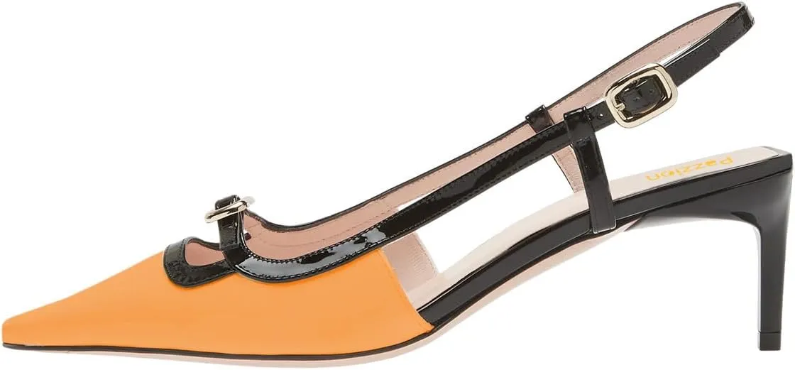 Pazzion Women's Square Toe Stiletto Heeled Slingback Pumps Mid Heel Backstrap Buckle Slip On Sandal Casual Outdoor Dress Shoes Size 4-16 US
