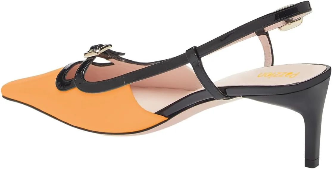 Pazzion Women's Square Toe Stiletto Heeled Slingback Pumps Mid Heel Backstrap Buckle Slip On Sandal Casual Outdoor Dress Shoes Size 4-16 US
