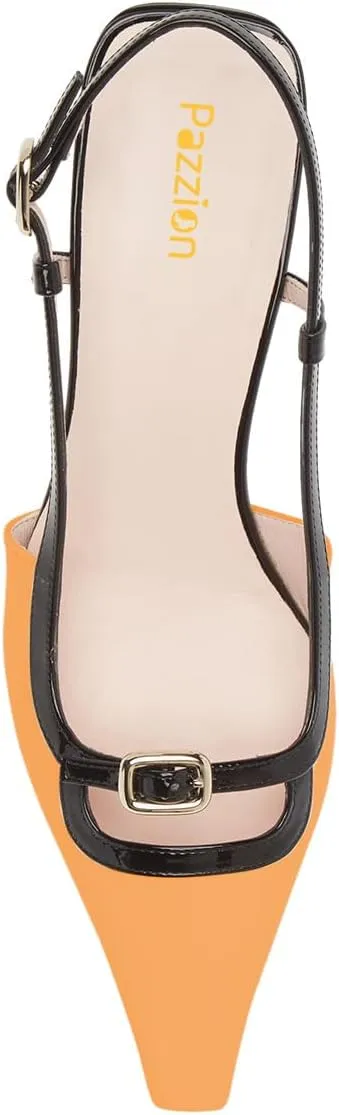 Pazzion Women's Square Toe Stiletto Heeled Slingback Pumps Mid Heel Backstrap Buckle Slip On Sandal Casual Outdoor Dress Shoes Size 4-16 US