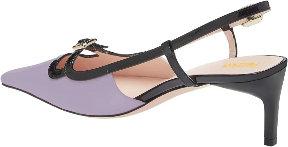 Pazzion Women's Square Toe Stiletto Heeled Slingback Pumps Mid Heel Backstrap Buckle Slip On Sandal Casual Outdoor Dress Shoes Size 4-16 US