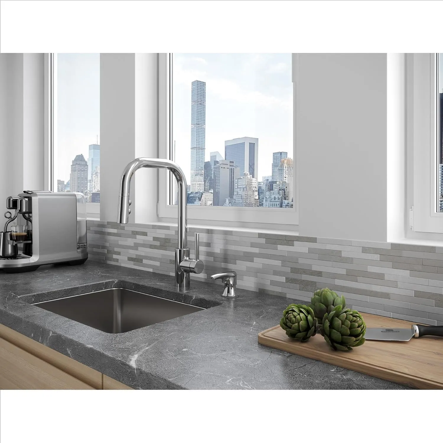 Pfister Zanna Kitchen Faucet with Pull Down Sprayer and Soap Dispenser, Single Handle, High Arc, Polished Chrome Finish, F5297ZNRC