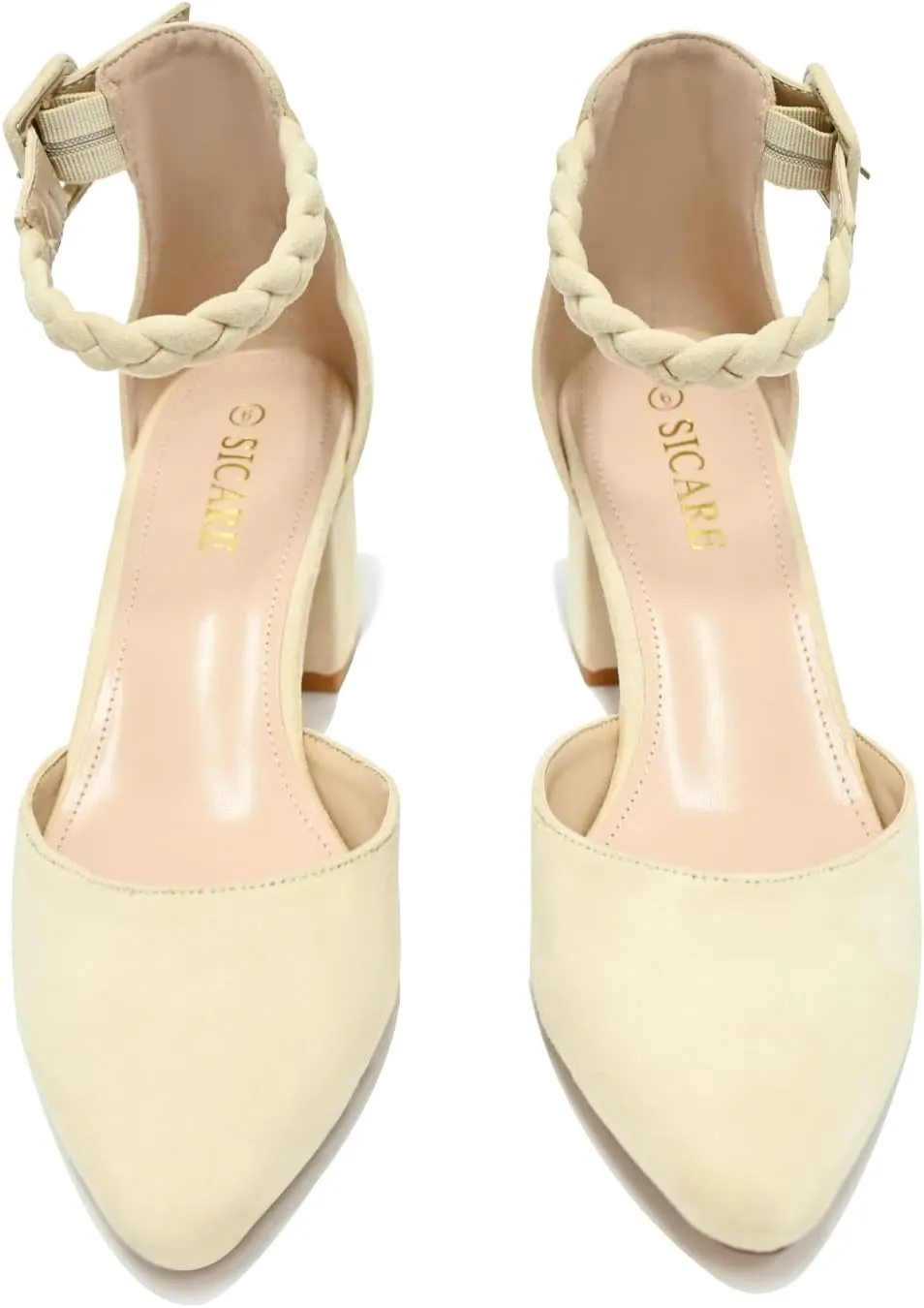 Pointed Toe Pumps Dress Shoes for Women with Black Chunky Heels Ankle Strap Wedding Shoes