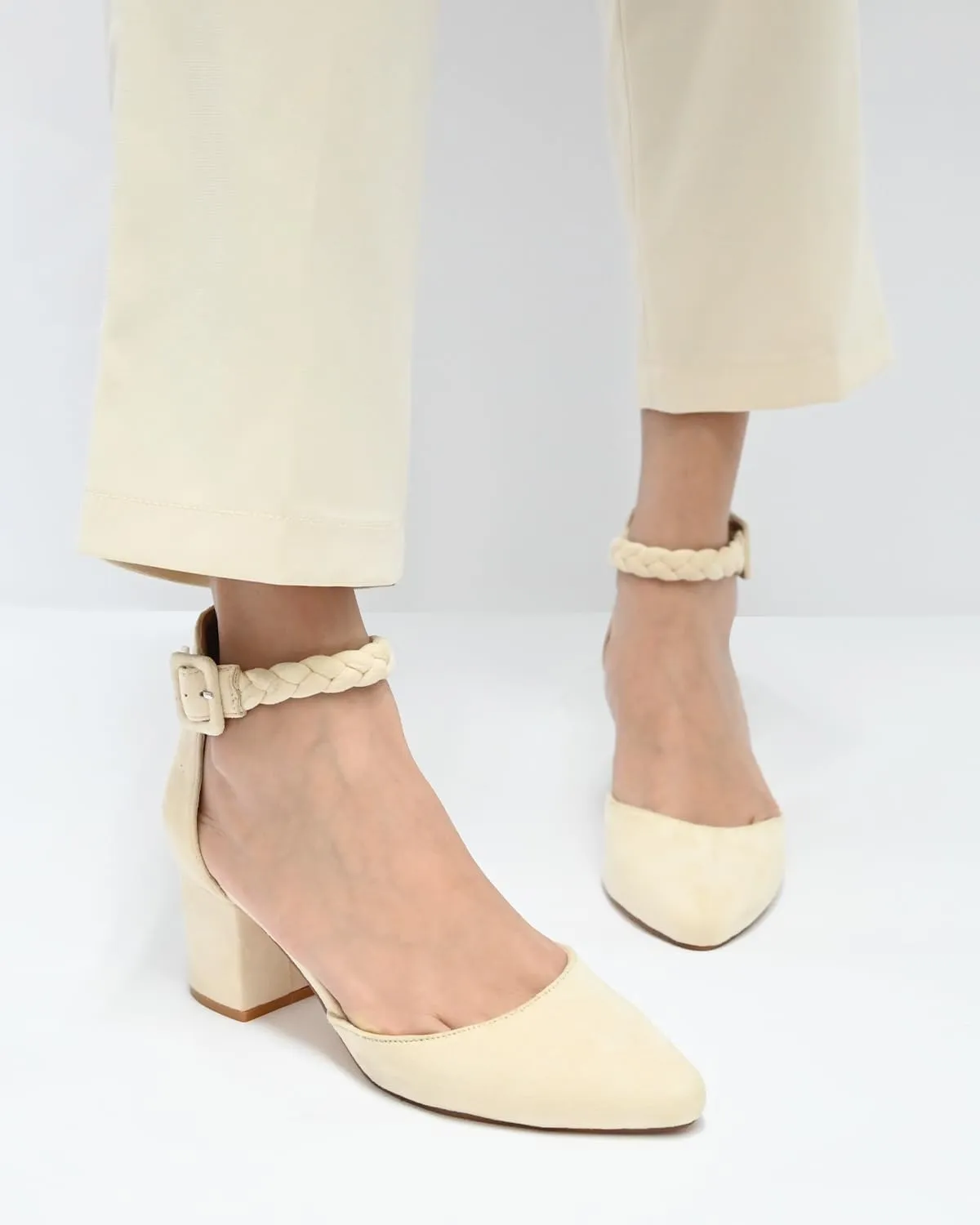 Pointed Toe Pumps Dress Shoes for Women with Black Chunky Heels Ankle Strap Wedding Shoes