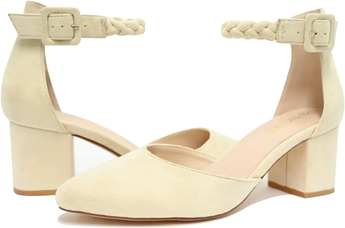 Pointed Toe Pumps Dress Shoes for Women with Black Chunky Heels Ankle Strap Wedding Shoes
