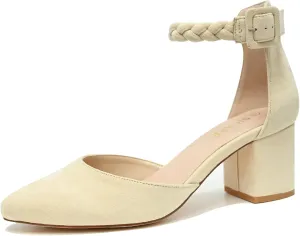 Pointed Toe Pumps Dress Shoes for Women with Black Chunky Heels Ankle Strap Wedding Shoes