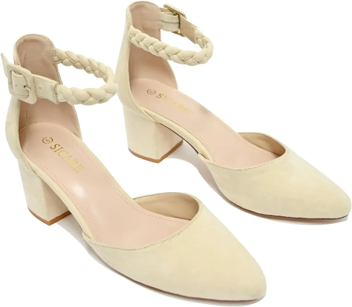 Pointed Toe Pumps Dress Shoes for Women with Black Chunky Heels Ankle Strap Wedding Shoes